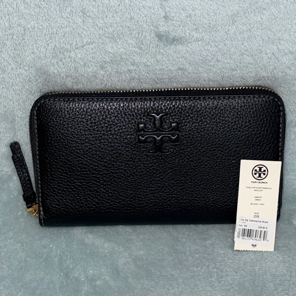Tory Burch Black Pebbled Leather Thea Zip Continental Wallet
